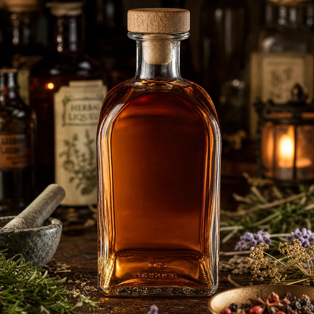 500ml Glasflasche "Julia" mit Holzgriff-Korken UNiTWIST 500ml Glasflasche Julia mit Holzkorken gefüllt mit Kräuterlikör in alter Apotheke zwischen Mörser und Heilkräutern
