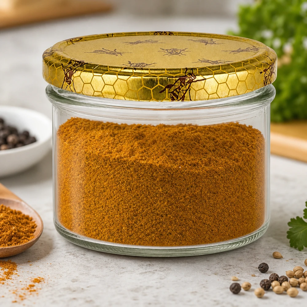 Skleněná nádoba o objemu 225 ml + víčko BasicSeal honeycomb UNiTWIST Sturzglas 225ml mit Gewürzpulver gefüllt BasicSeal Bienenwaben-Deckel Gewürzdose Küchenaufbewahrung Vorratsglas