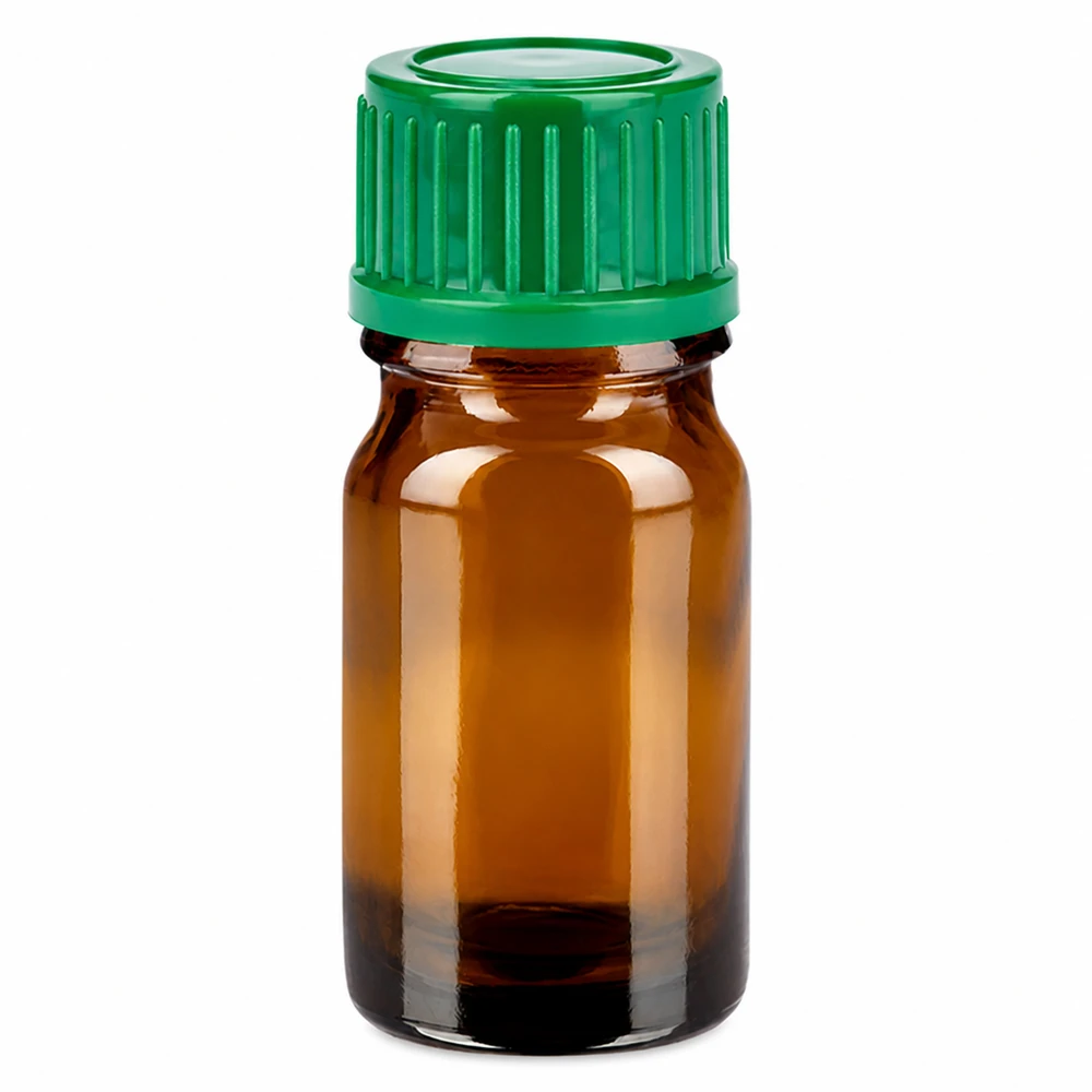 Handliche 5ml Medizinflasche aus dunklem Glas mit grünem Sicherheitsverschluss