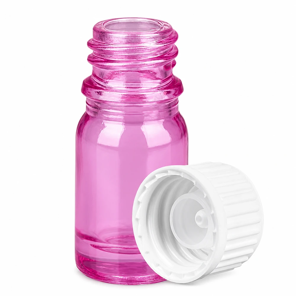 5ml lahvička (globule) s 3mm nalévacím kroužkem bílá standardní PurpleLine UT18/5 Zierliche rosa Glasflasche 5ml Volumen mit Schraubverschluss für Naturkosmetik und Öle
