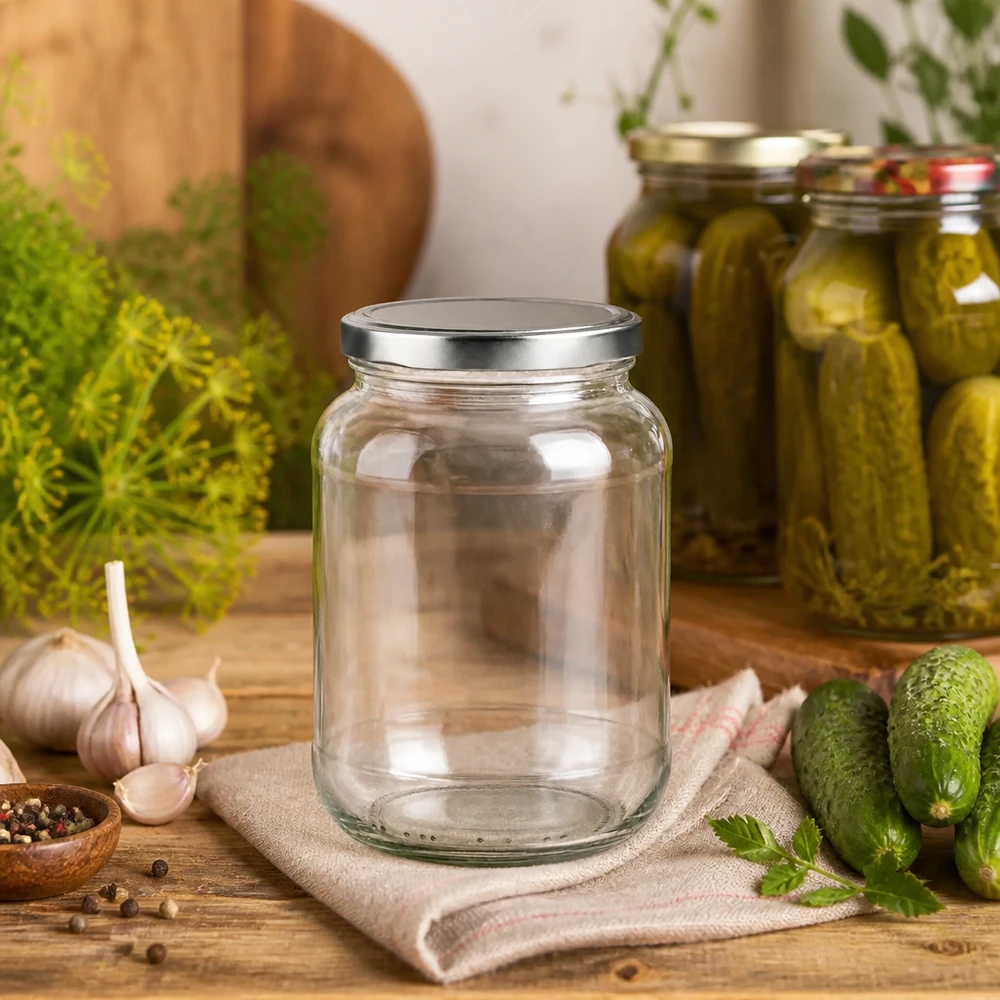 370ml oválná skleněná nádoba s víčkem BasicSeal stříbrná UNiTWIST. 370ml Ovalglas mit BasicSeal Deckel neben eingelegten Gurken und Dill - ideal zum Einkochen und Konservieren