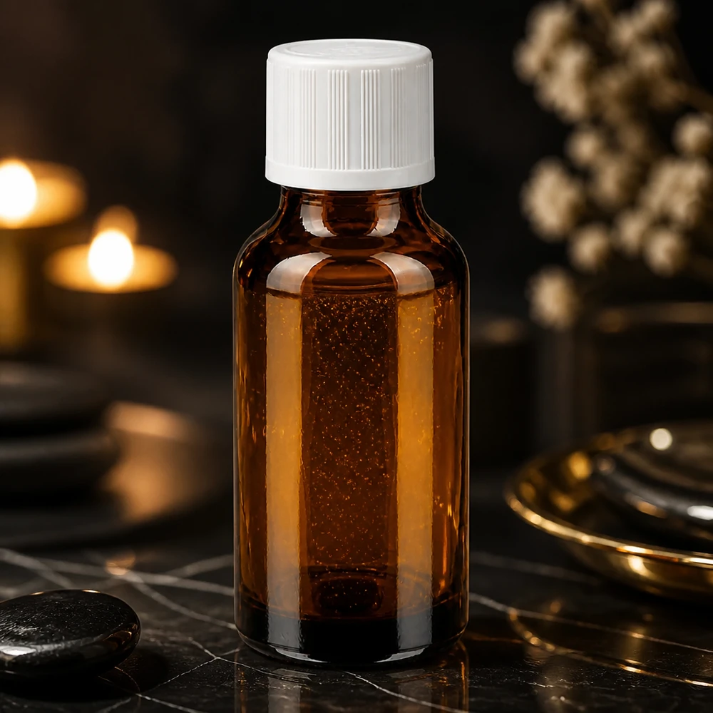 Lékárenská láhev hnědá 20ml kapátko bílý uzávěr odolný proti otevření dětmi standardní Bernsteinfarbene 20ml Glasflasche mit Kindersicherheitsverschluss auf dunkler Marmoroberfläche