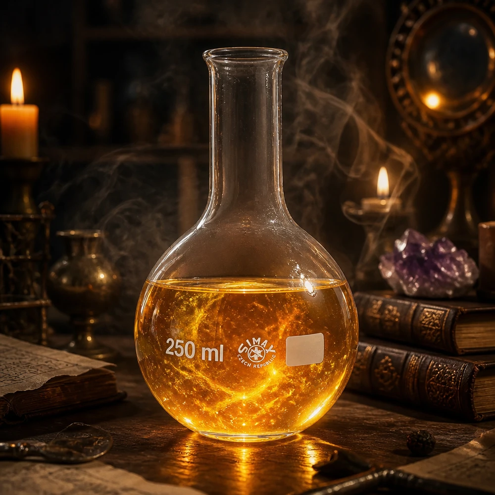 Baňka s úzkým hrdlem 250ml Rundkolben 250ml Enghals gefüllt mit orangefarbener Flüssigkeit in mystischer Atmosphäre