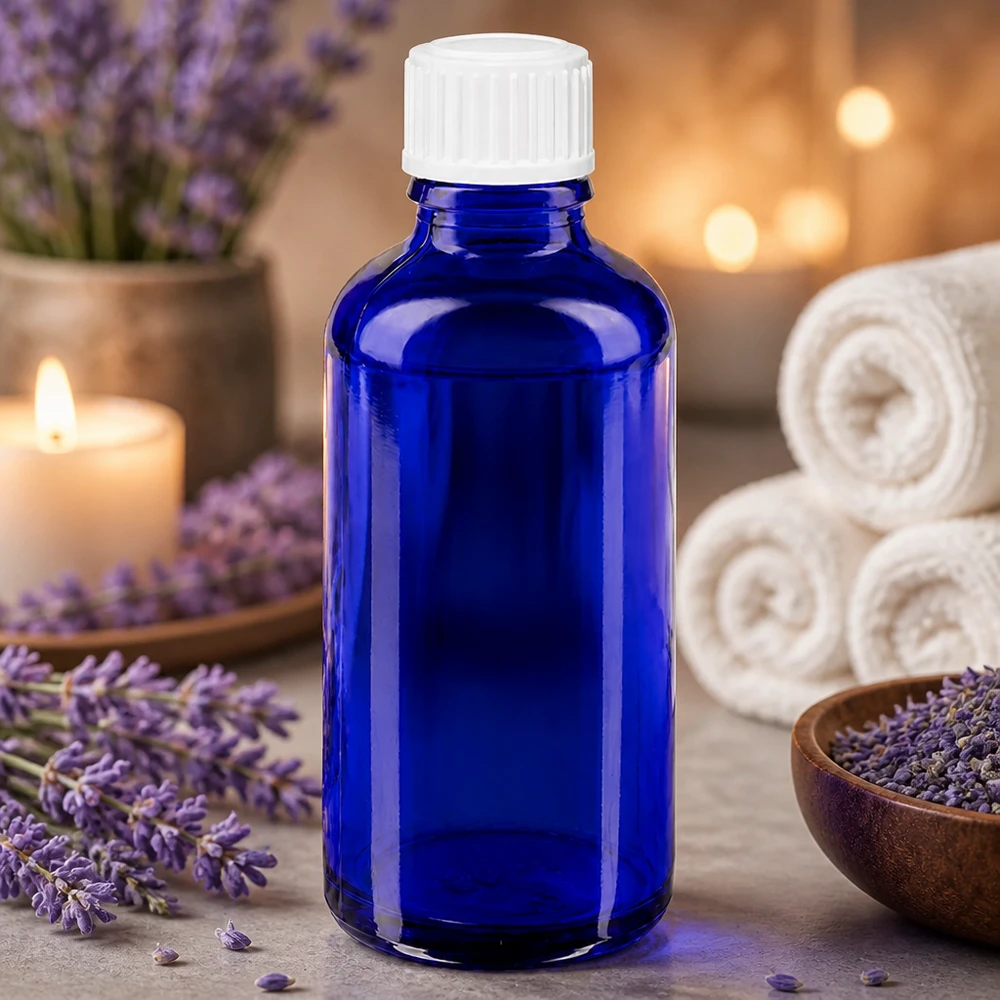 Lékárenská láhev modrá 50ml kapací uzávěr bílý 0,8mm standardní Dunkelblaue UV-Schutz Tropfflasche 50ml aus pharmazeutischem Glas mit weißem Verschluss