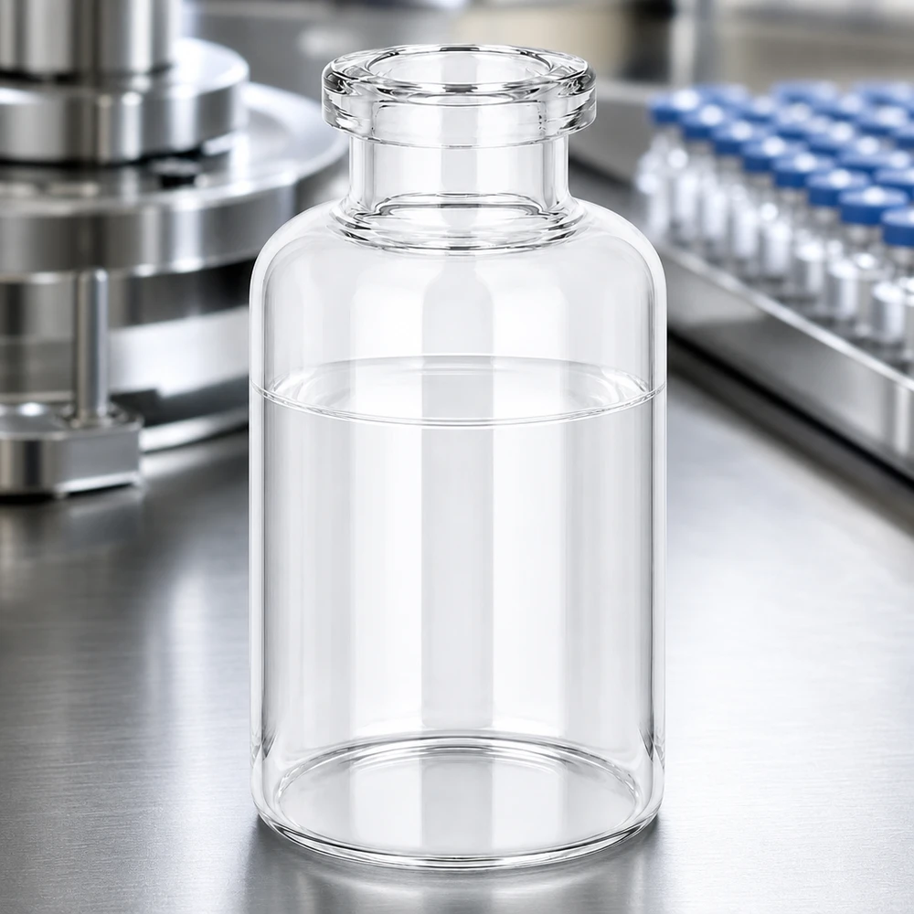 Injekční láhev z čirého skla 30ml Medizinische Injektionsflasche Klarglas 30ml neben befüllten Blaukapsel-Vials in Produktionsanlage