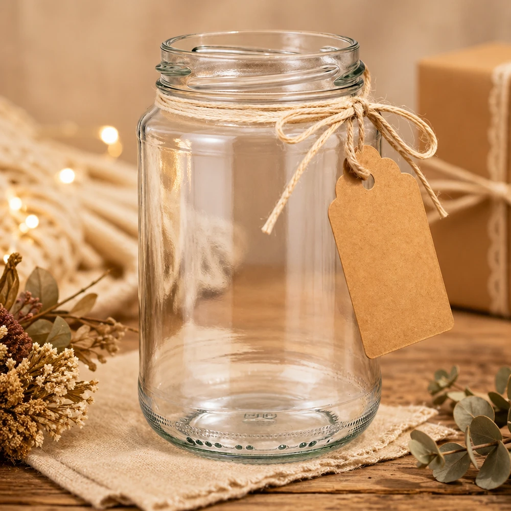 Kulatá sklenice o objemu 375 ml bez víčka (TO63) UNiTWIST UNiTWIST Runda375 Rundglas 375ml TO63 mit Kraftpapier-Anhänger als Geschenkverpackung in rustikaler Deko-Szene