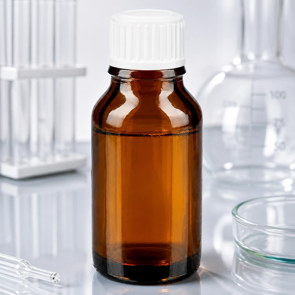 Kompakte Braunglas Flasche 30ml mit kindersicherem weißem Aufsatz für Laborchemikalien