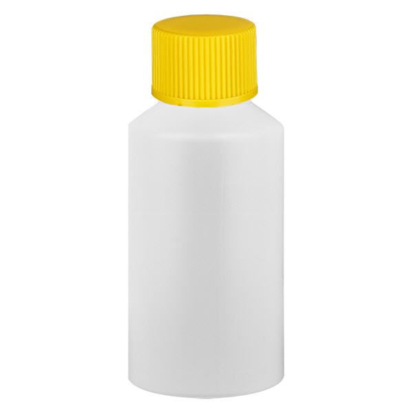 Lékárenská láhev HDPE 50ml bílá, se žlutým šroubovacím uzávěrem Lékárenská láhev HDPE 50ml bílá, se žlutým šroubovacím uzávěrem