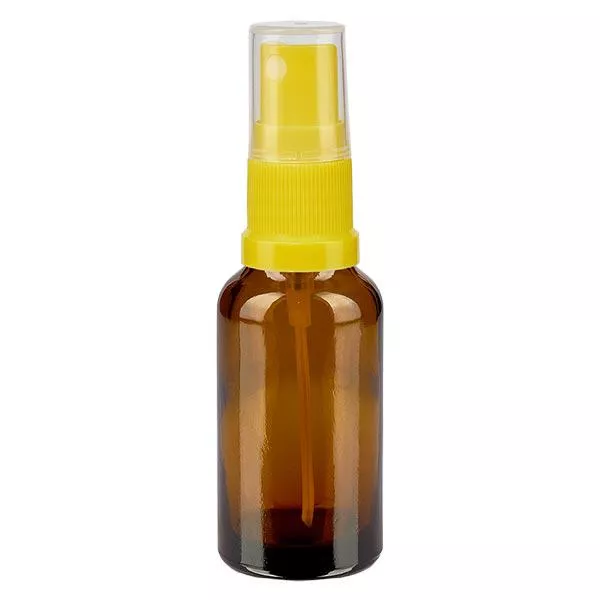 Lékárenská lahvička hnědá 20ml s rozprašovacím víčkem žlutá