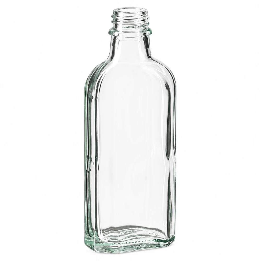 100 ml meplatová láhev čirá DIN22 100 ml Glasflasche klar flach Meplat mit engem DIN22 Schraubverschluss