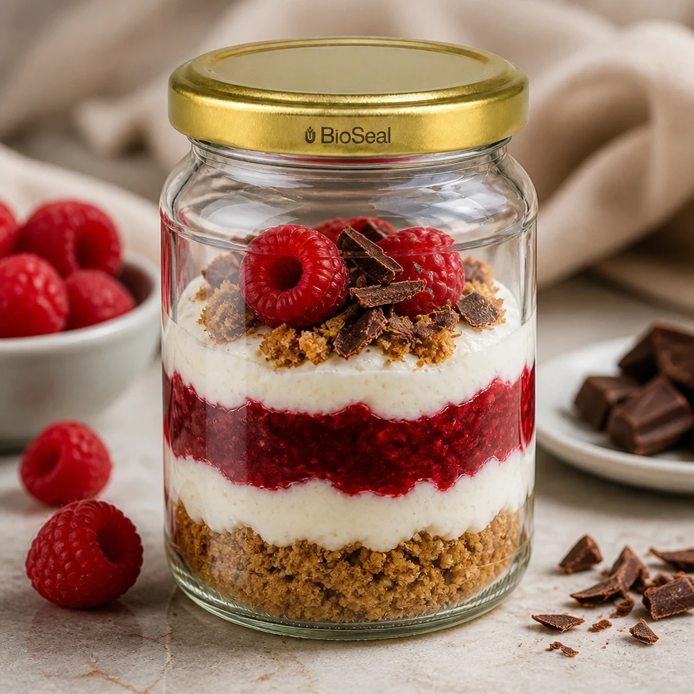 UNiTWIST Runda205 Glas gefüllt mit Schichtdessert Himbeeren Creme Keksboden goldener TO58 BioSeal Verschluss