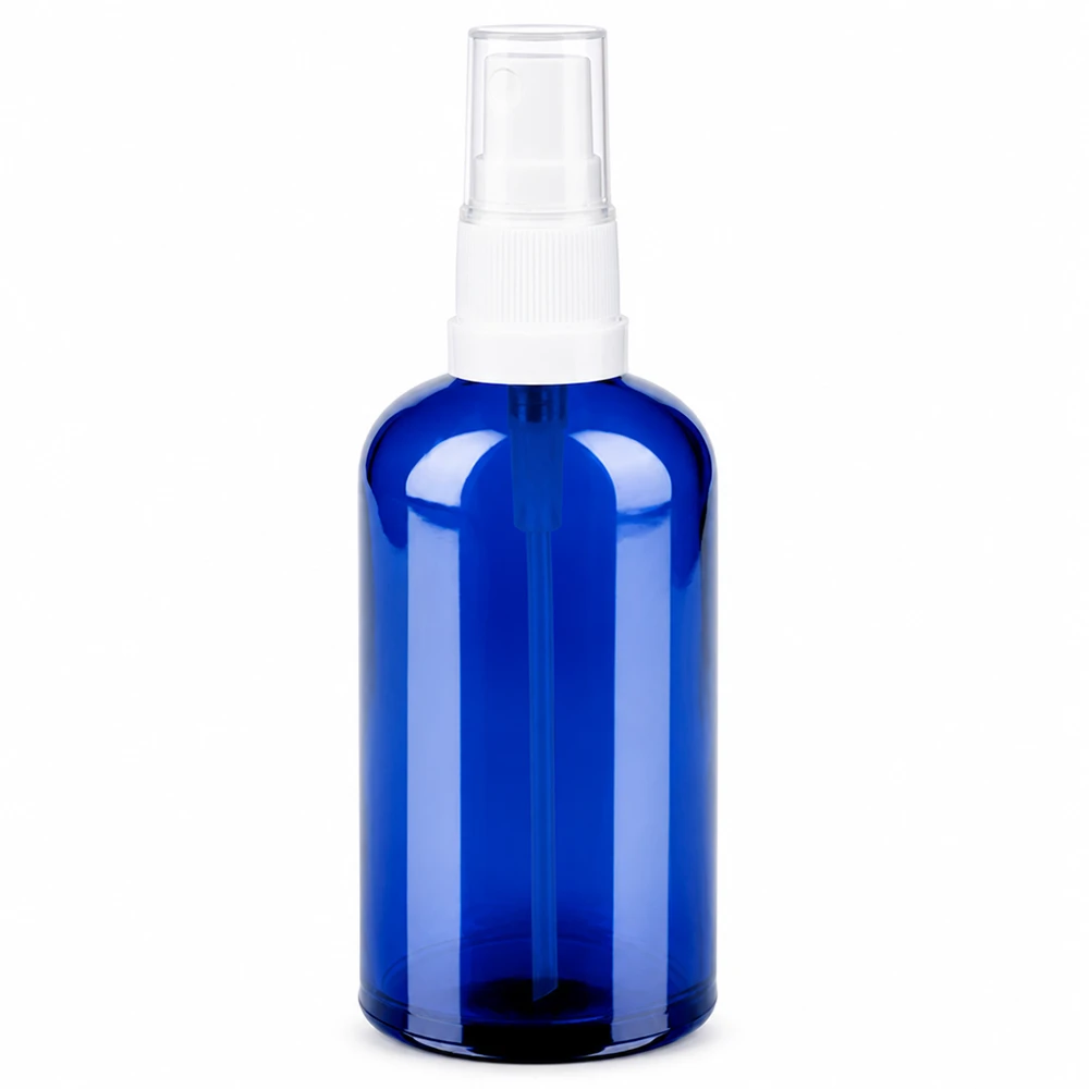 Professionelle 100ml Glassprühflasche blau mit feinem Sprühkopf für Naturkosmetik