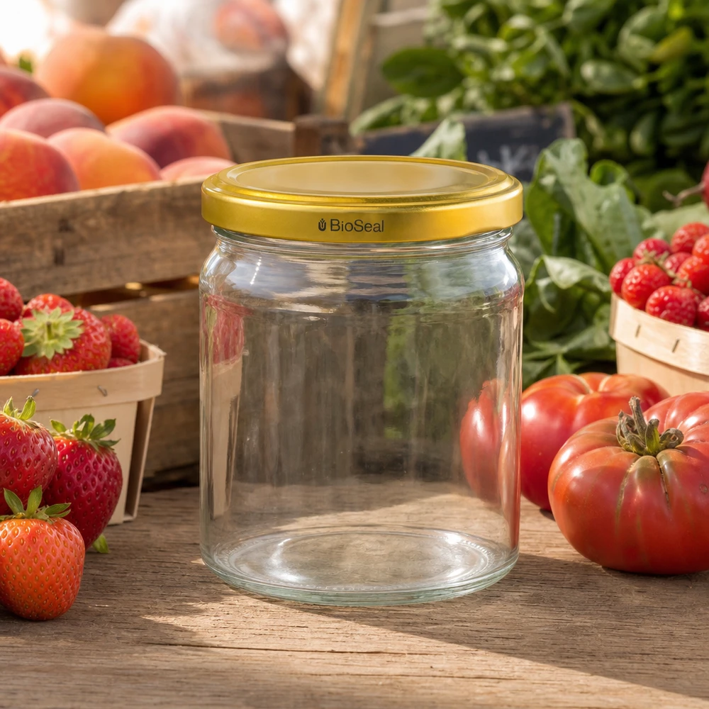 Kulatá nádoba o objemu 408 ml se zlatým víkem UNiTWIST BioSeal. UNiTWIST Runda408 leeres Einmachglas mit goldenem BioSeal Deckel zwischen frischen Erdbeeren und Tomaten auf Holztisch