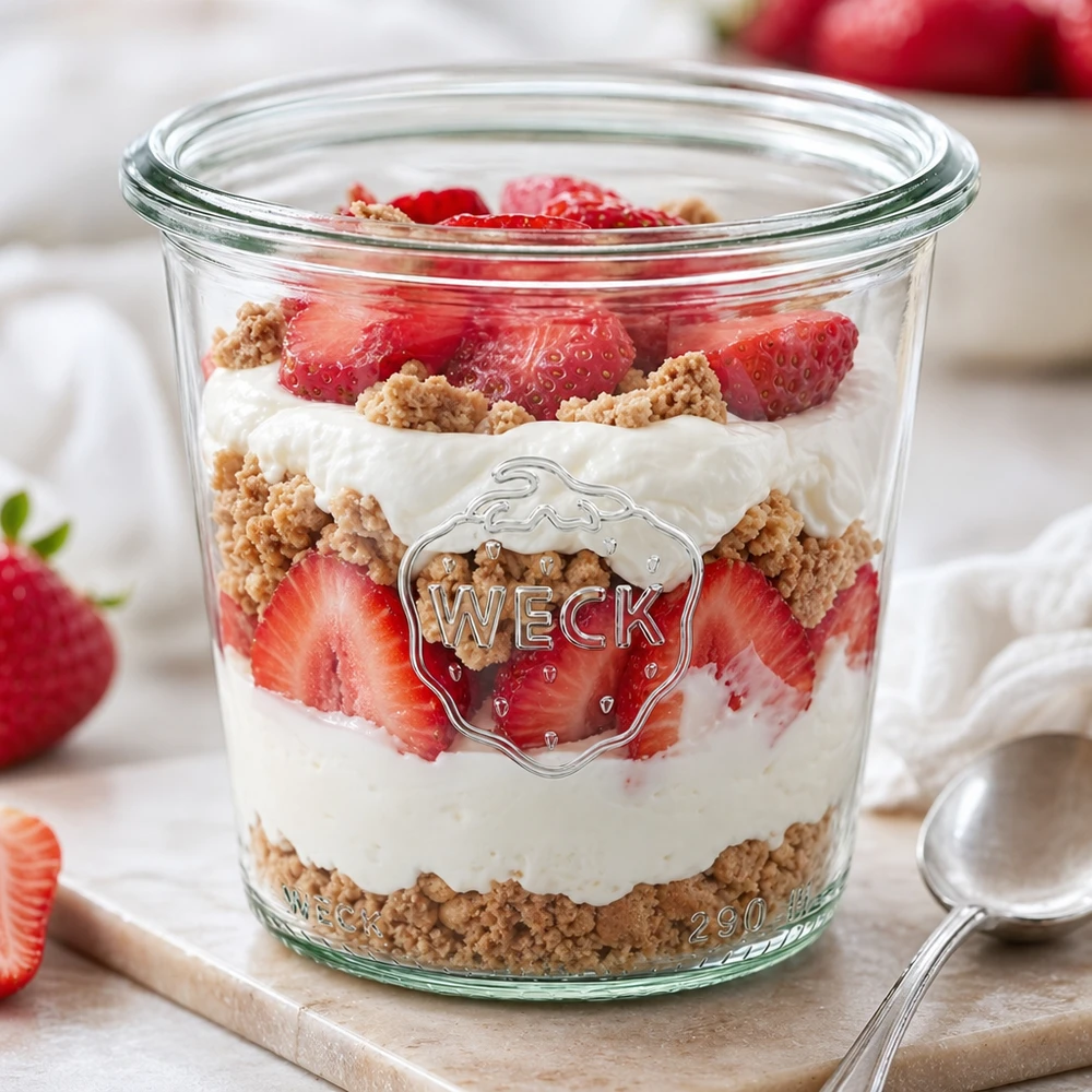 290ml vysoké sklenice WECK RR80 s dřevěným víčkem. WECK 290ml Sturzglas RR80 mit Erdbeer-Dessert Schichtdessert Joghurt Kekse gefüllt Einmachglas hoch