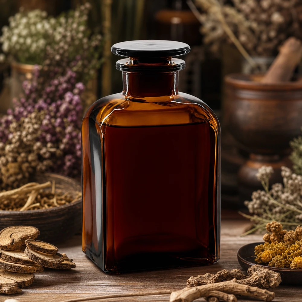 Hranatá láhev 500ml hnědá se širokým hrdlem skleněná zátka Braunglas Weithalsflasche 500ml mit Glasstopfen für Heilpflanzenextrakte und Naturprodukte