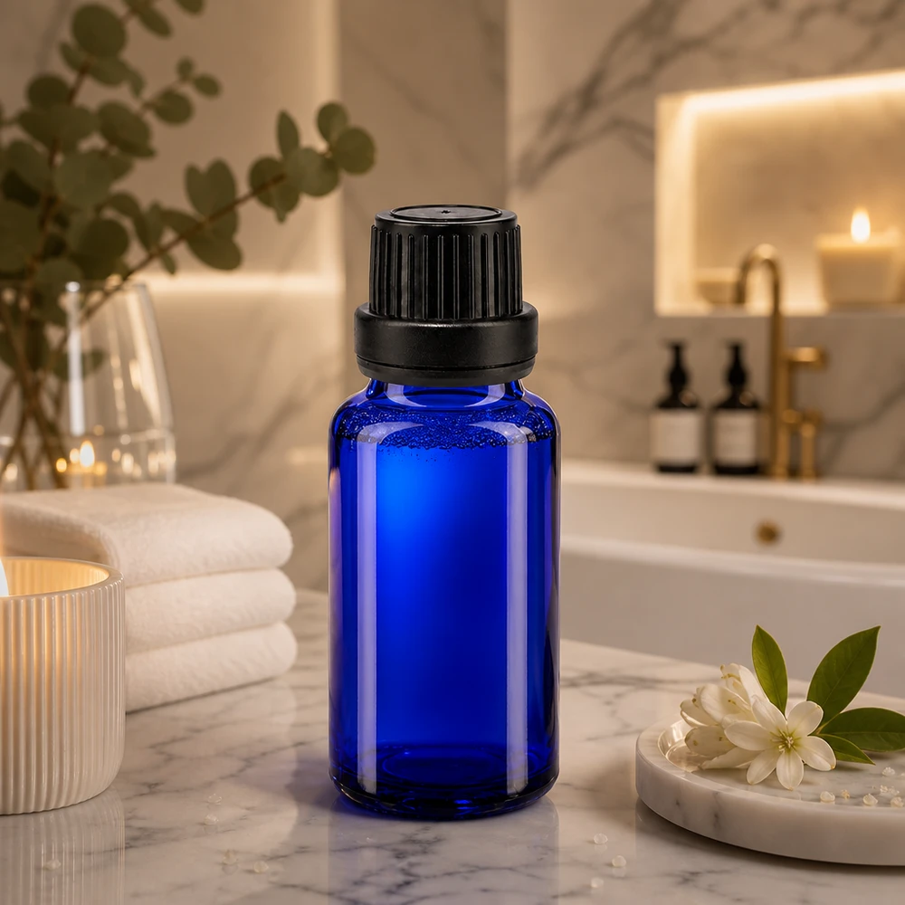 Lékárenská láhev modrá 20ml kapátko s nalévacím kroužkem 2mm černý tamper-evidentní uzávěr Lichtschutzflasche 20ml Blauglas mit schwarzem Schraubverschluss für Aromatherapie und Naturkosmetik