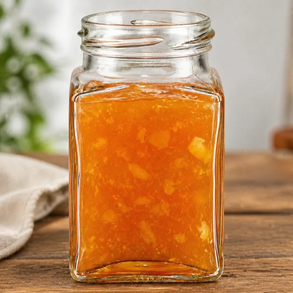 Tetra sklenice 260ml bez víčka (TO58) UNiTWIST UNiTWIST Tetra260 4-Eckglas 260ml TO58 mit orangefarbenem Inhalt auf Holztisch quadratisches Marmeladenglas