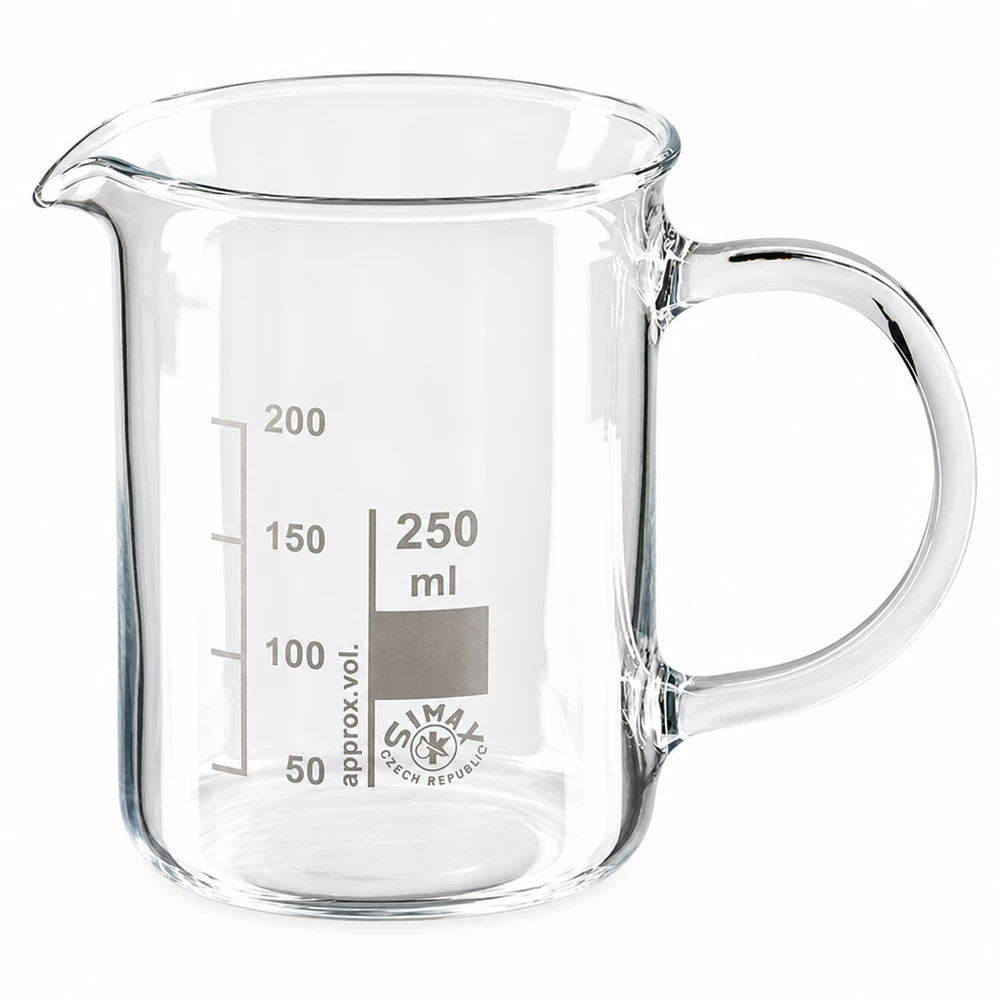 Kádinka z borosilikátového skla 250ml, s rukojetí Griffbecherglas 250ml aus klarem Borosilikatglas mit eingedruckter Volumenskala und Ausguss