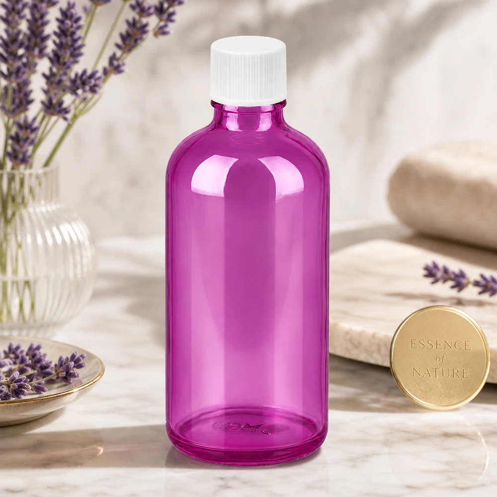 100ml lahvička 11mm se šroubovacím uzávěrem bílá standardní PurpleLine UT18/100 Moderne 100ml Flasche in Purple-Optik mit weißem Verschluss für hochwertige Pflegeprodukte