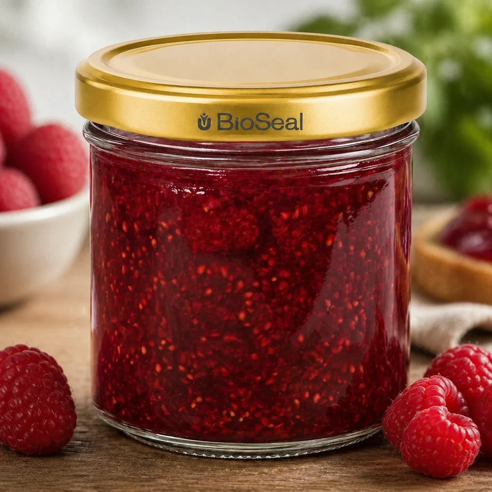 BioSeal 200g Marmeladenglas mit Himbeerkonfitüre gefüllt umgeben von frischen Himbeeren auf Holzuntergrund