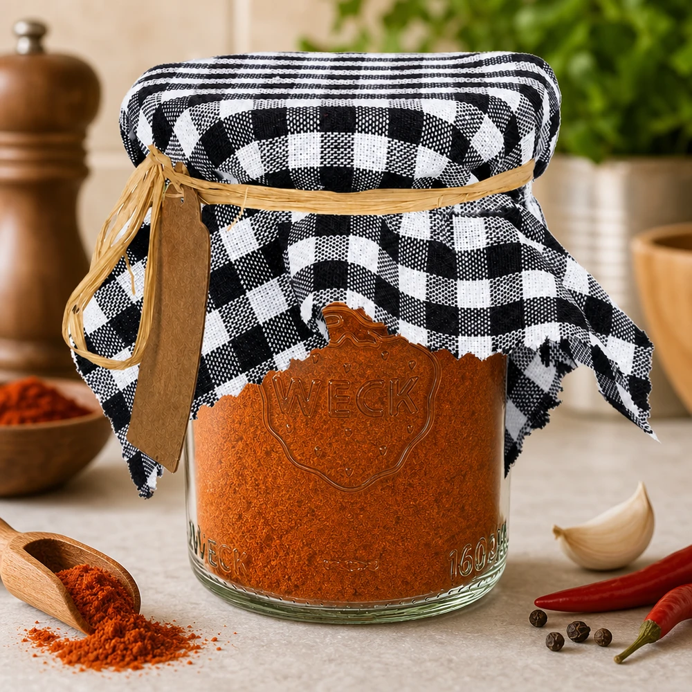 Látkový dekorační ubrousek s černým károvaným vzorem 15 cm čtvercový Schwarz-weiß kariertes Schmuckdeckchen mit Paprika-Gewürz im Weckglas Küchendeko mit Chili und Knoblauch 15cm eckig