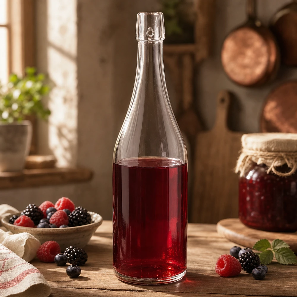 Skleněná láhev o objemu 750 ml bez výklopného víčka UNiTWIST 750ml UNiTWIST Glasflasche mit Beerensaft befüllt rustikale Küche Heidelbeeren Himbeeren Brombeeren Anwendung