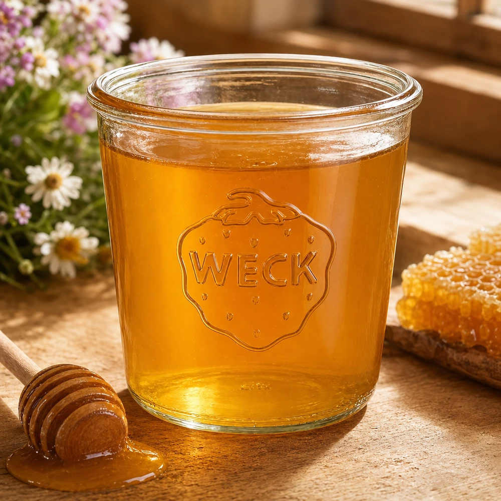 580ml tumbler WECK RR100 s dřevěným dřevem - 580ml tumbler WECK RR100 s dřevěným dřevem. Weck Sturzglas 580ml RR100 mit Honig gefüllt auf Holztisch mit Honiglöffel und Wabe Einmachglas