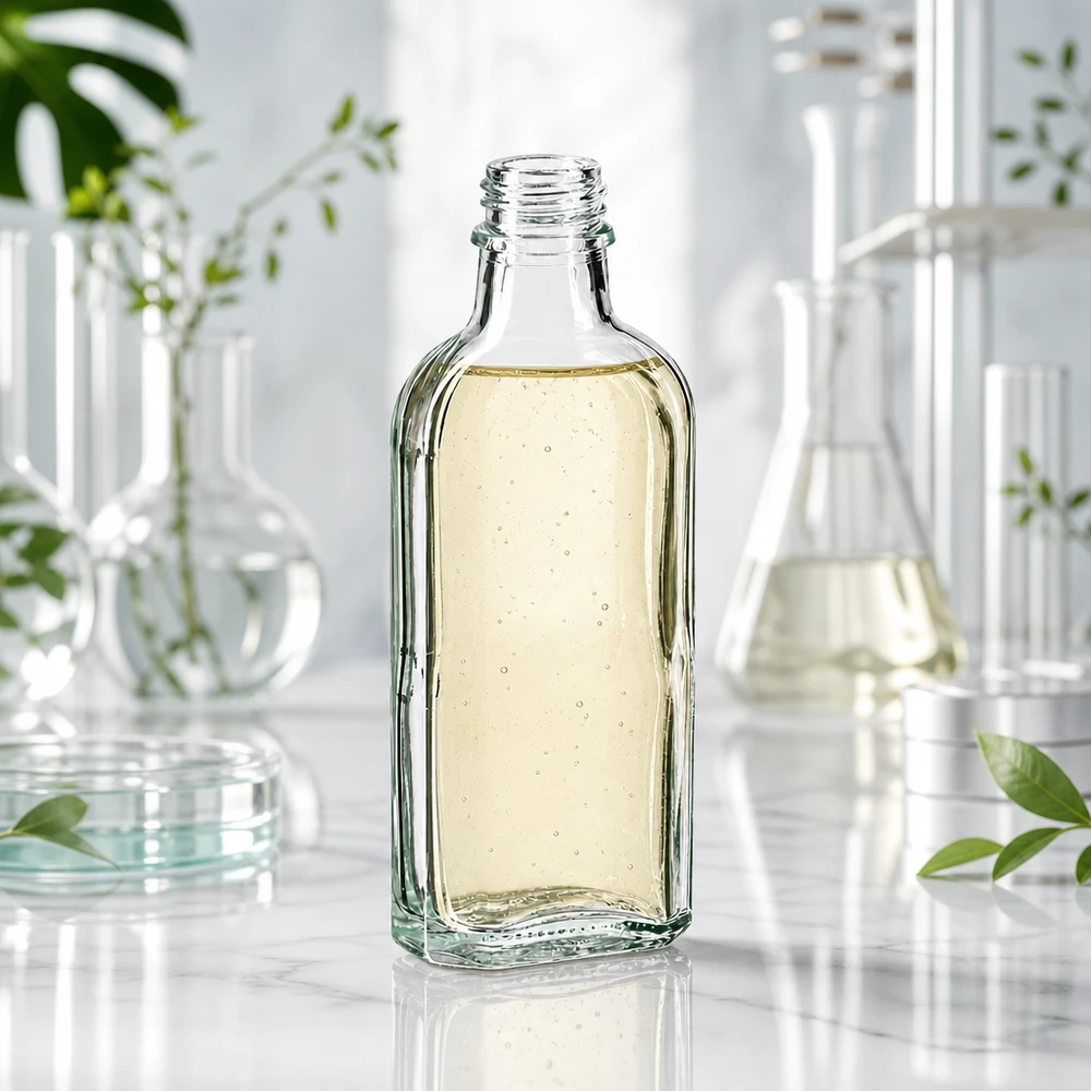 100 ml Meplatflasche klar DIN22 mit ätherischem Öl auf weißer Marmorplatte mit Grünpflanzen