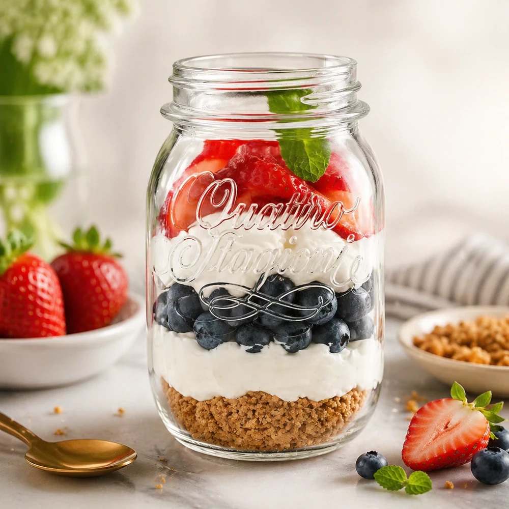 500ml Quattro Stagioni Haushaltsglas mit Schichtdessert aus Keksboden Joghurt Blaubeeren und Erdbeeren gefüllt