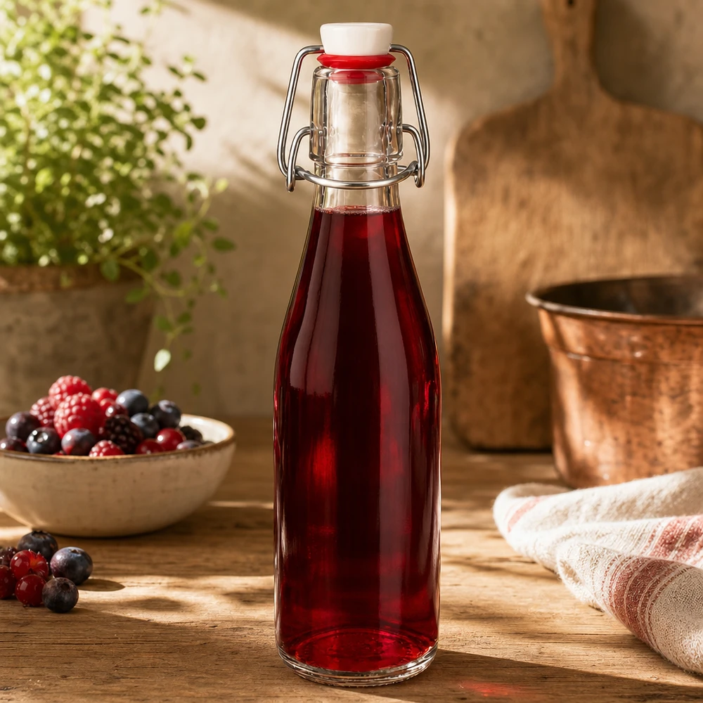 250ml skleněná láhev + otočný vršek z porcelánu UNiTWIST 250ml Glasflasche mit Bügelverschluss gefüllt mit rotem Beerensaft, dekoriert mit frischen Beeren in rustikaler Küche