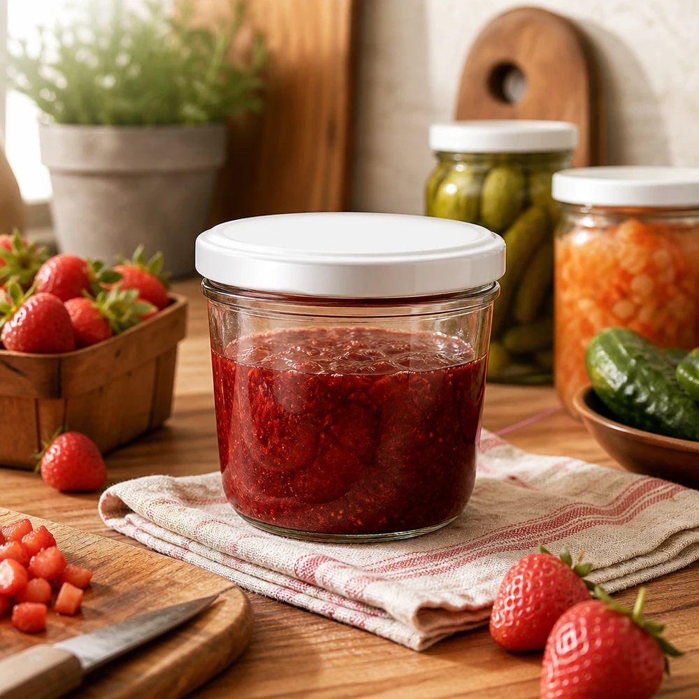 230ml Sturzglas mit Erdbeermarmelade in gemütlicher Küche - ideales Einmachglas für hausgemachte Konfitüren