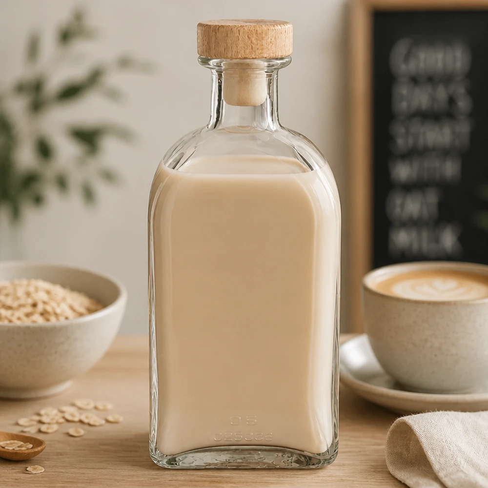 500ml Glasflasche Julia mit Holzkorken gefüllt mit Hafermilch in Küche neben Kaffeetasse und Haferflocken