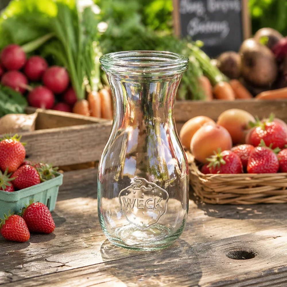 WECK Saftflasche 290ml RR60 transparent auf rustikalem Holztisch zwischen frischen Erdbeeren Radieschen und Gemüse
