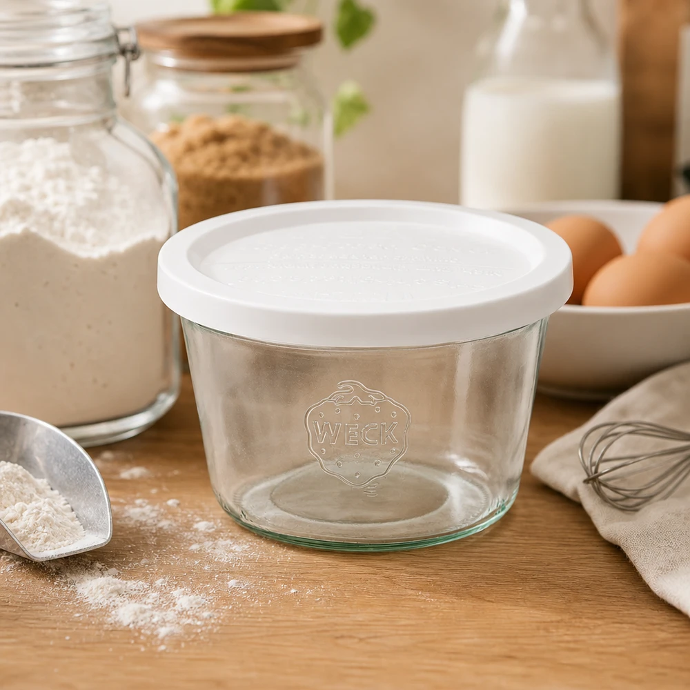 WECK Sturzglas 370ml RR100 mit Frischedeckel in Backküche zwischen Mehl Eiern Milch und Küchenutensilien