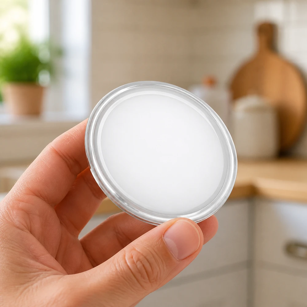 Bílé šroubovací víčko TO63, 63 mm, na pozadí kuchyně, v ruce, UNiTWIST BasicSeal