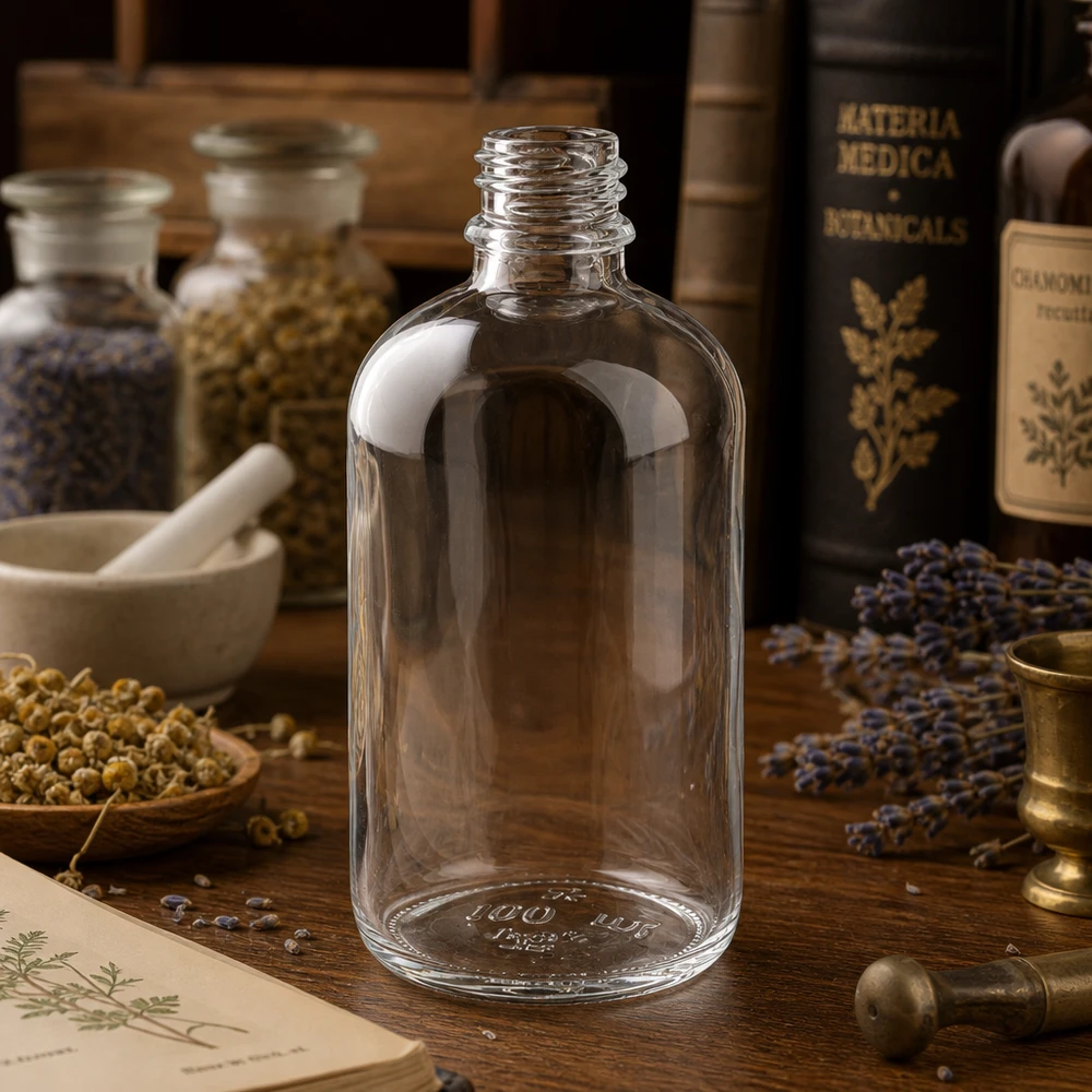 Čirá skleněná láhev 100ml DIN 18 Professionelle ApoGlas Flasche 100ml mit standardisiertem Gewinde für Apotheken und Labore