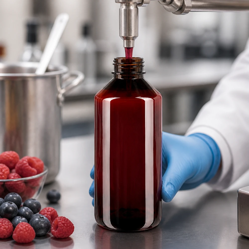 PET láhev 1000ml se standardním bílým uzávěrem s pojistkou proti manipulaci Plnění hnědé PET láhve o objemu 1000 ml červeným ovocným džusem v profesionální potravinářské výrobě