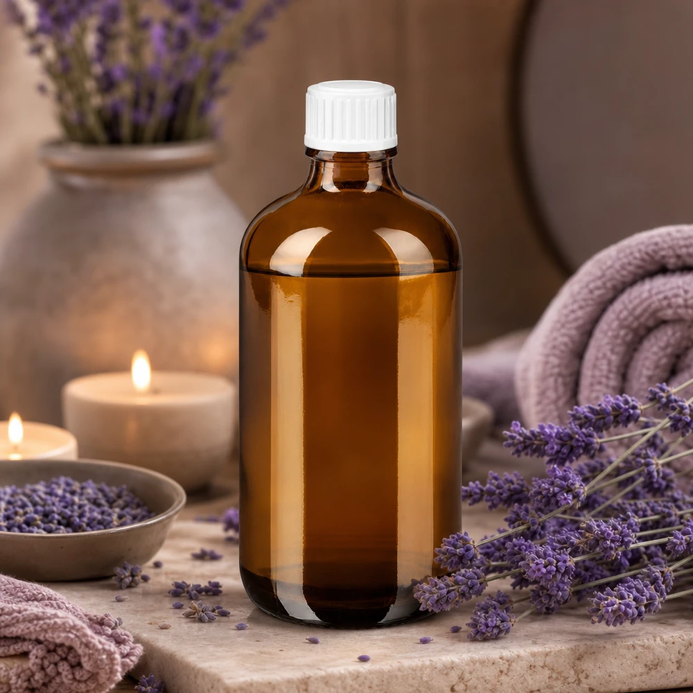 Braunglas Flakon 100ml mit weißem Kindersicherheitsverschluss in Wellness-Setting