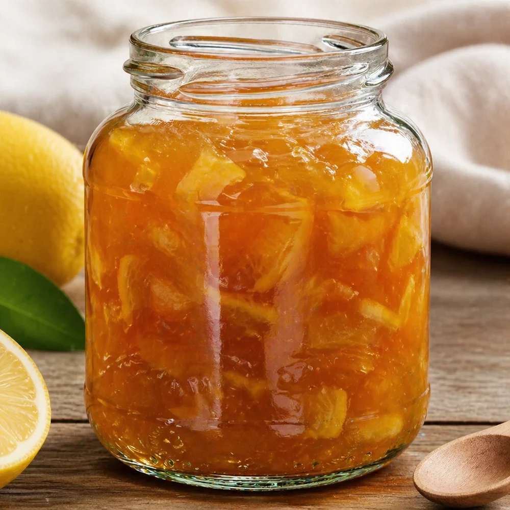 Oválná sklenice bez víčka o objemu 370 ml (TO66) UNiTWIST UNiTWIST Oval370 Marmeladenglas 370ml mit Orangenmarmelade gefüllt neben Zitrone auf Holzuntergrund