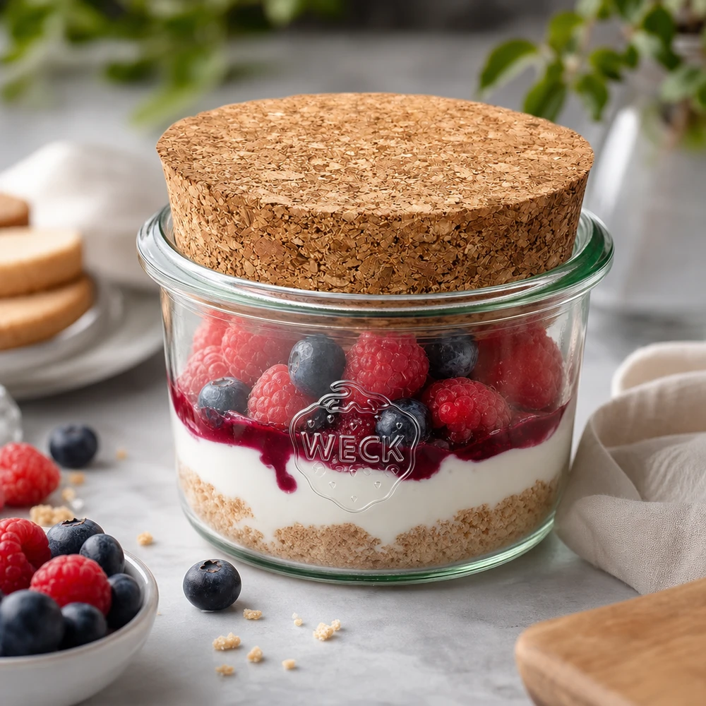 80ml tumbler WECK RR60 s korkem přírodní WECK Sturzglas 80ml RR60 mit Korken als Dessertglas für Beerentiramisu Schichtdessert perfekt portioniert