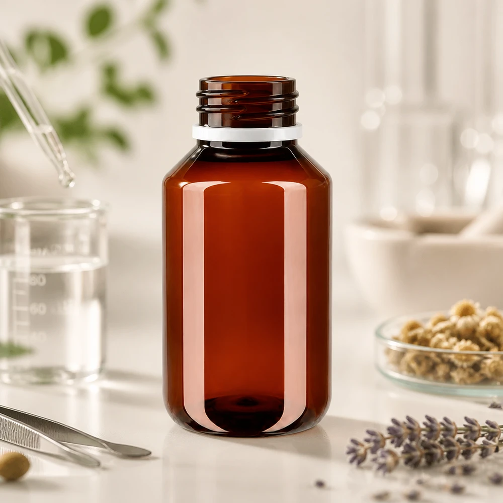 PET láhev 50ml s bílým rýhovaným uzávěrem s možností opakovaného uzavření Hnědá PET láhev o objemu 50 ml s rýhovaným bílým obalem na bílém pozadí vedle levandule a bylin