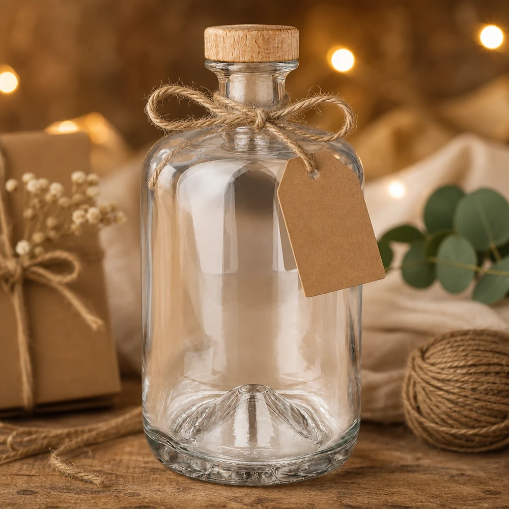 700ml Apothekenflasche "Classic" mit Holzgriffkorken UNiTWIST® 700ml Glasflasche Sofia mit Korkenverschluss und Geschenkanhänger in rustikaler Dekoration mit Jute und Lichterkette