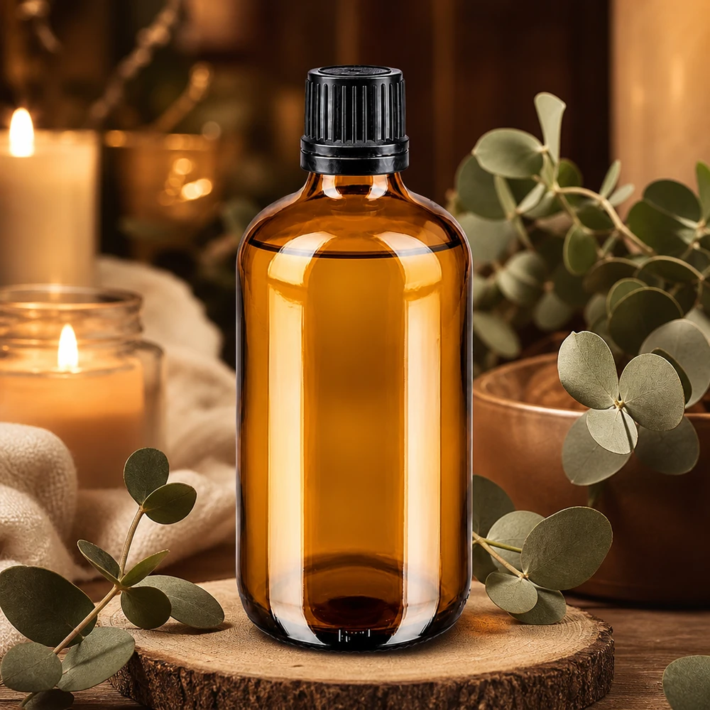 Lékárenská láhev hnědá 100ml šroubovací uzávěr černý nalévací kroužek nedovolená manipulace s uzávěrem. Bernsteinfarbene 100ml Glasflasche mit schwarzem Kindersicherheitsverschluss für Naturprodukte