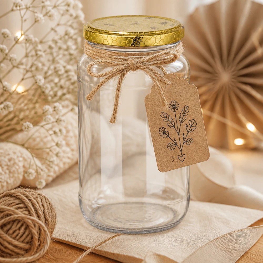 1062ml kulatá sklenice + víčko BasicSeal voština UNiTWIST 1062ml Rundglas leer mit goldenem Bienenwabe-Deckel und Geschenkanhänger rustikale Dekoration Bastelgarn