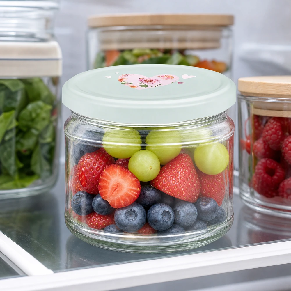 330ml kulatá sklenice + víčko BasicSeal srdíčková máta UNiTWIST 330ml Rundglas frisches Obst Erdbeeren Heidelbeeren Trauben BasicSeal Deckel Herzmotiv mint Kühlschrank Frischhaltung