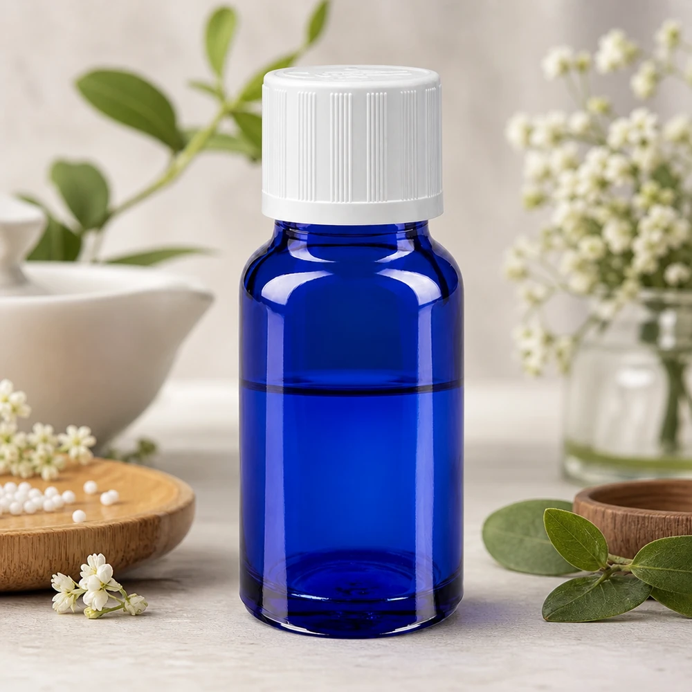Pharmazeutische 10ml Tropfflasche in Blauglas mit kindersicherem Weißverschluss und Dosiereinsatz