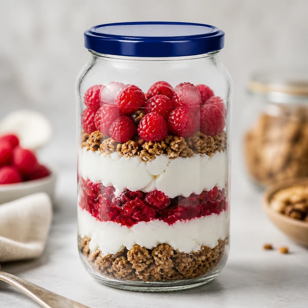 1062ml kulatá sklenice + víčko BasicSeal modré UNiTWIST 1062ml Rundglas BasicSeal Deckel blau UNiTWIST Dessert Parfait Schichtdessert Joghurt Beeren Granola Nachtisch