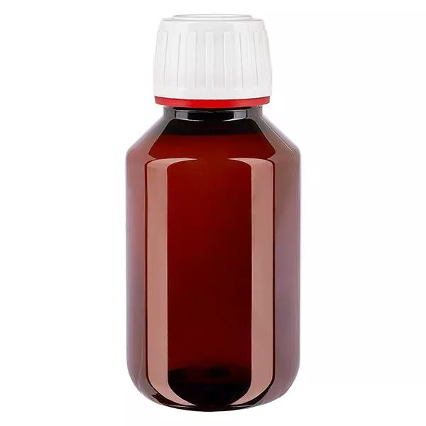 PET láhev 100ml s bílým uzávěrem s viditelnou manipulací, jemně vroubkovaným