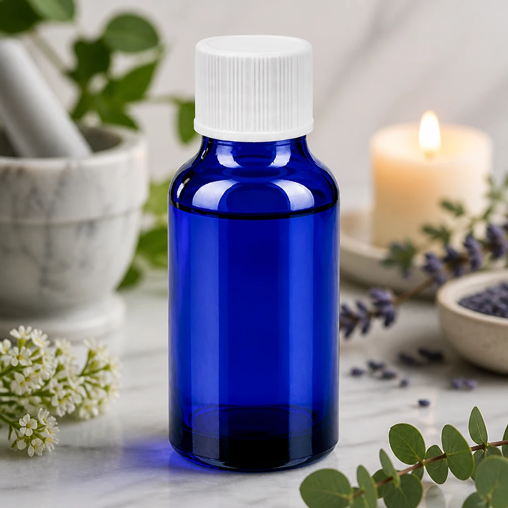 Vielseitige 20ml Glasflasche in Kobaltblau mit Standard Verschluss für DIY Kosmetik und Mischungen
