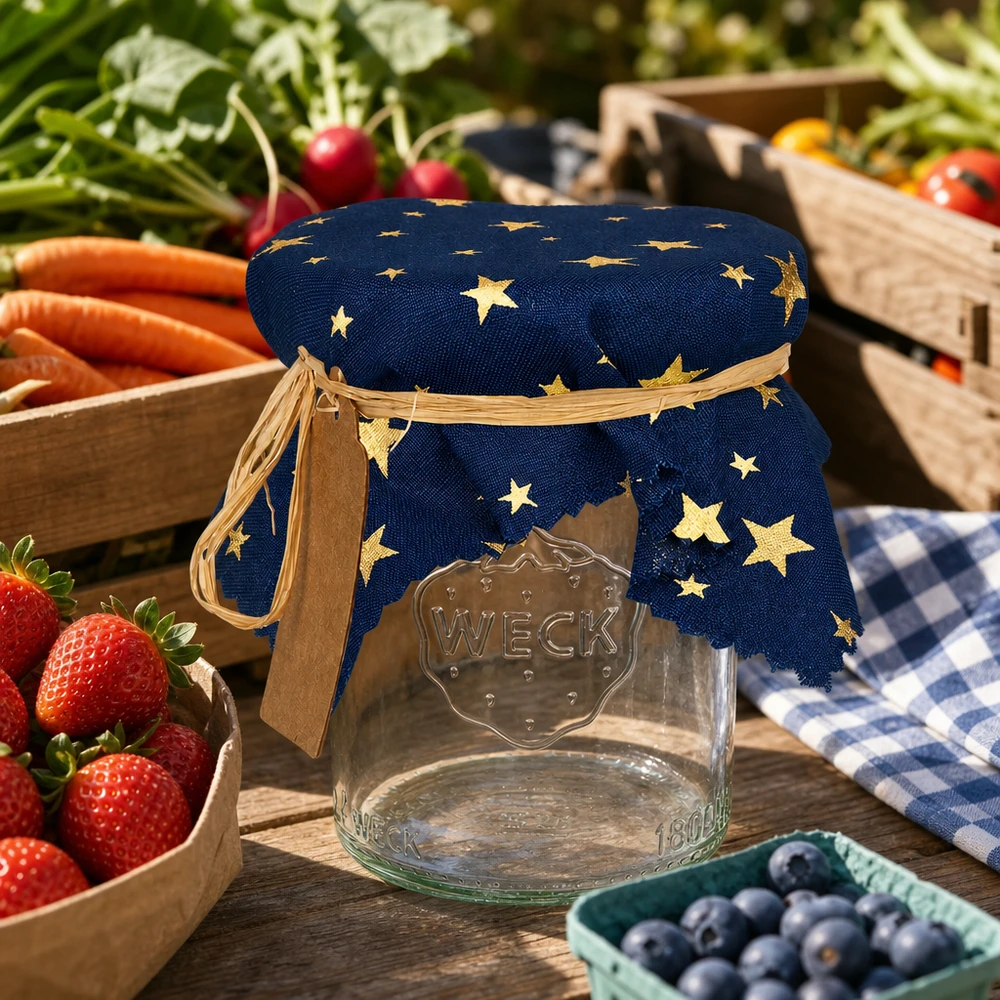 Blaues Schmuckdeckchen mit goldenen Sternen auf Weck-Glas umgeben von frischen Früchten und Gemüse 15cm eckig